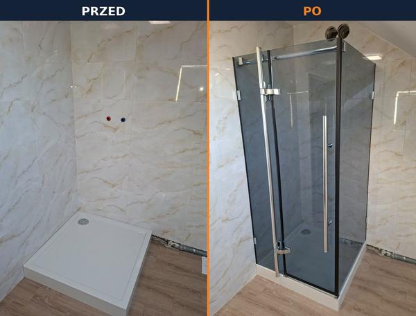 Montaż kabiny prysznicowej — przed i po